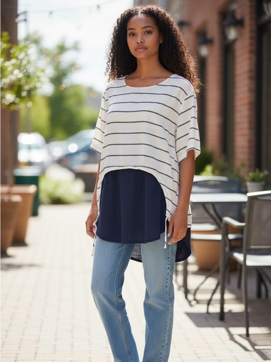 Tops - Striped Drawstring Layered Top in Cream and Navy
